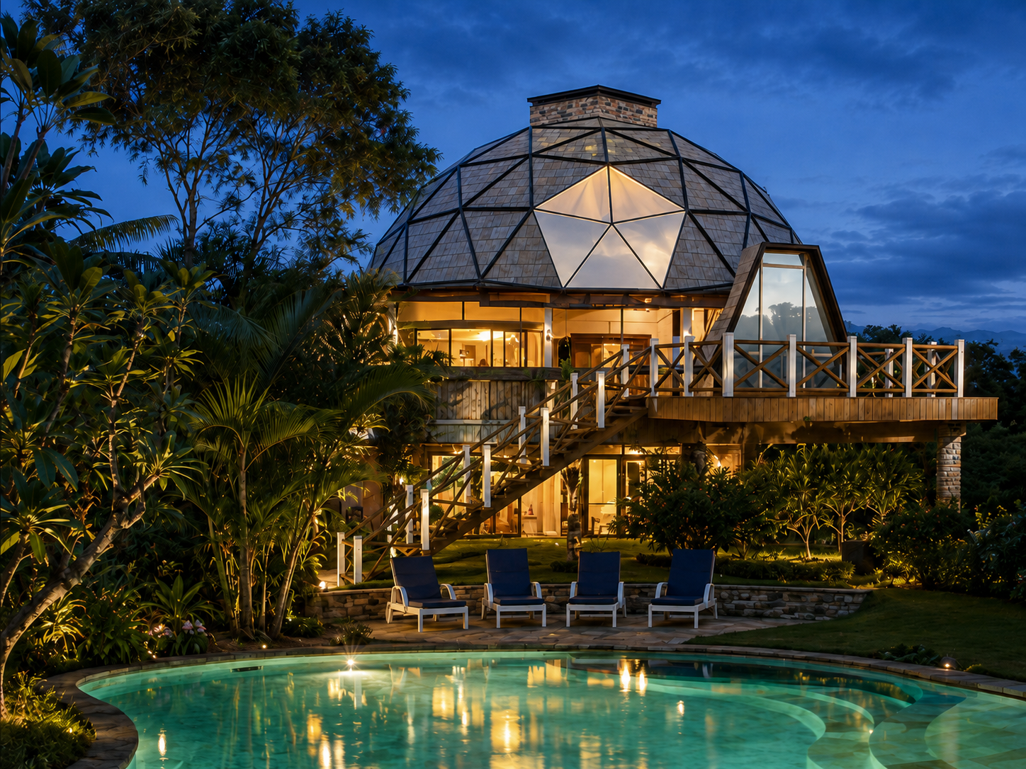 Elevated geodesic residence at twilight with triangular glazing and warm interior lighting